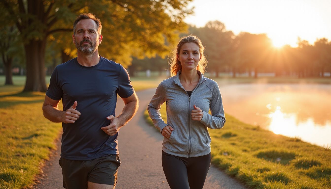 Two people jogging on a park path, showing an active lifestyle that supports a healthy weight.