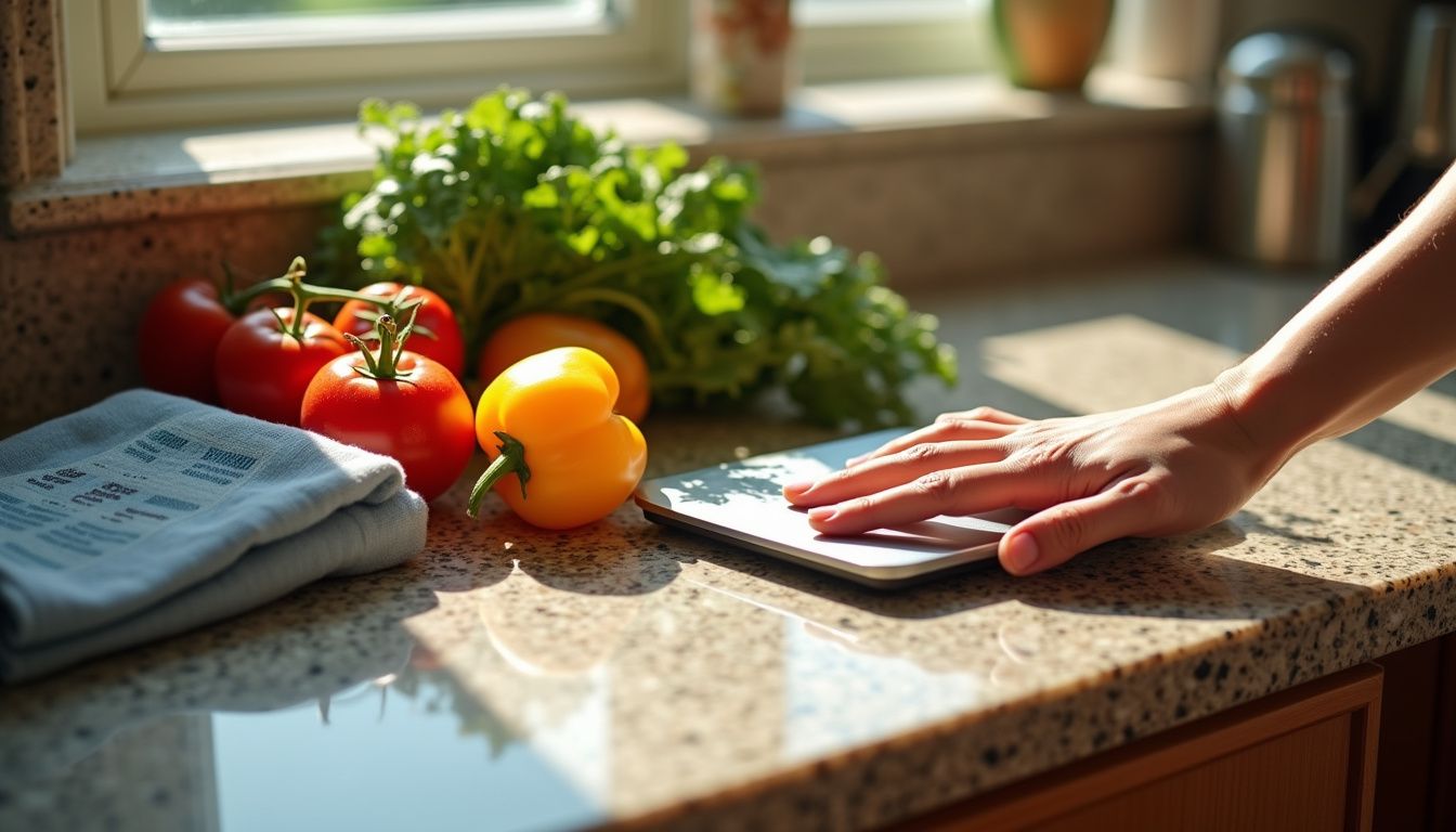 Fresh produce next to a digital food scale, representing portion awareness and calorie tracking.