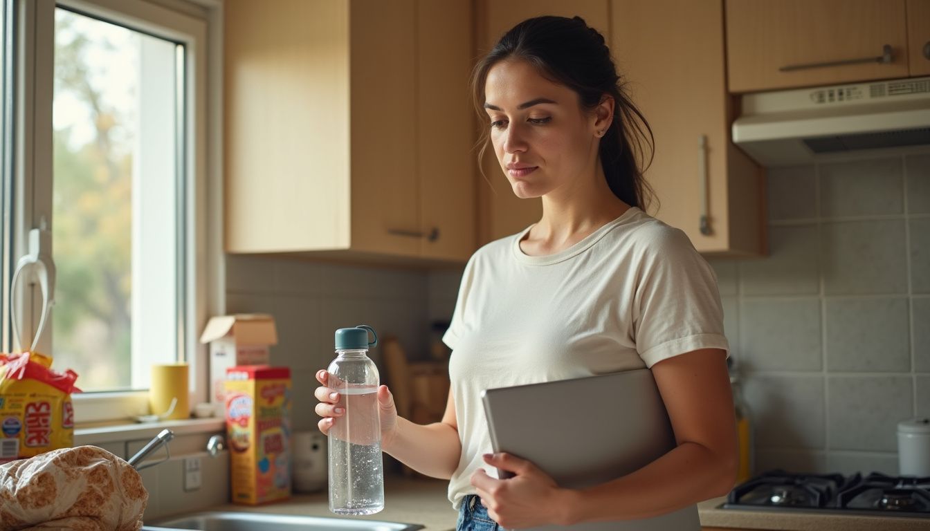 A woman compares weight loss programs on a laptop while working in a kitchen.