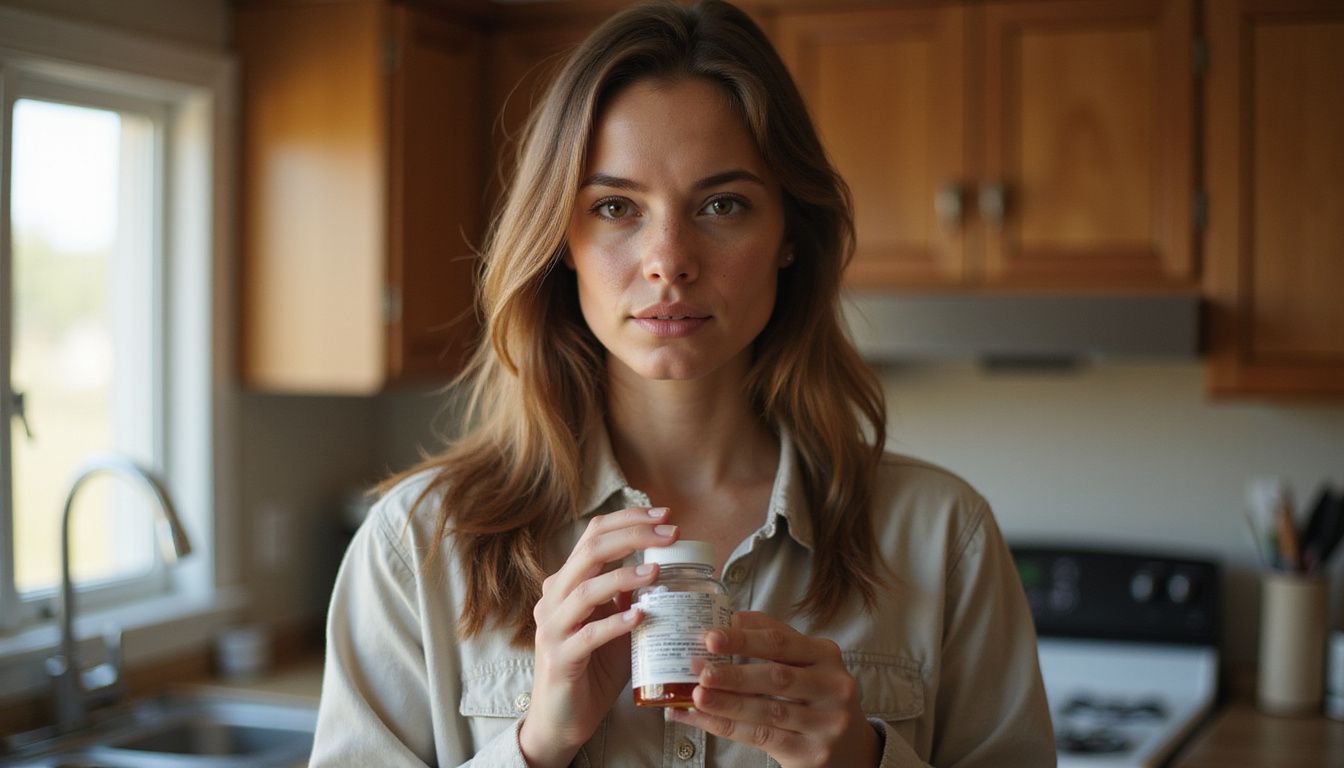 A woman reviewing a weight loss supplement bottle at her kitchen counter.