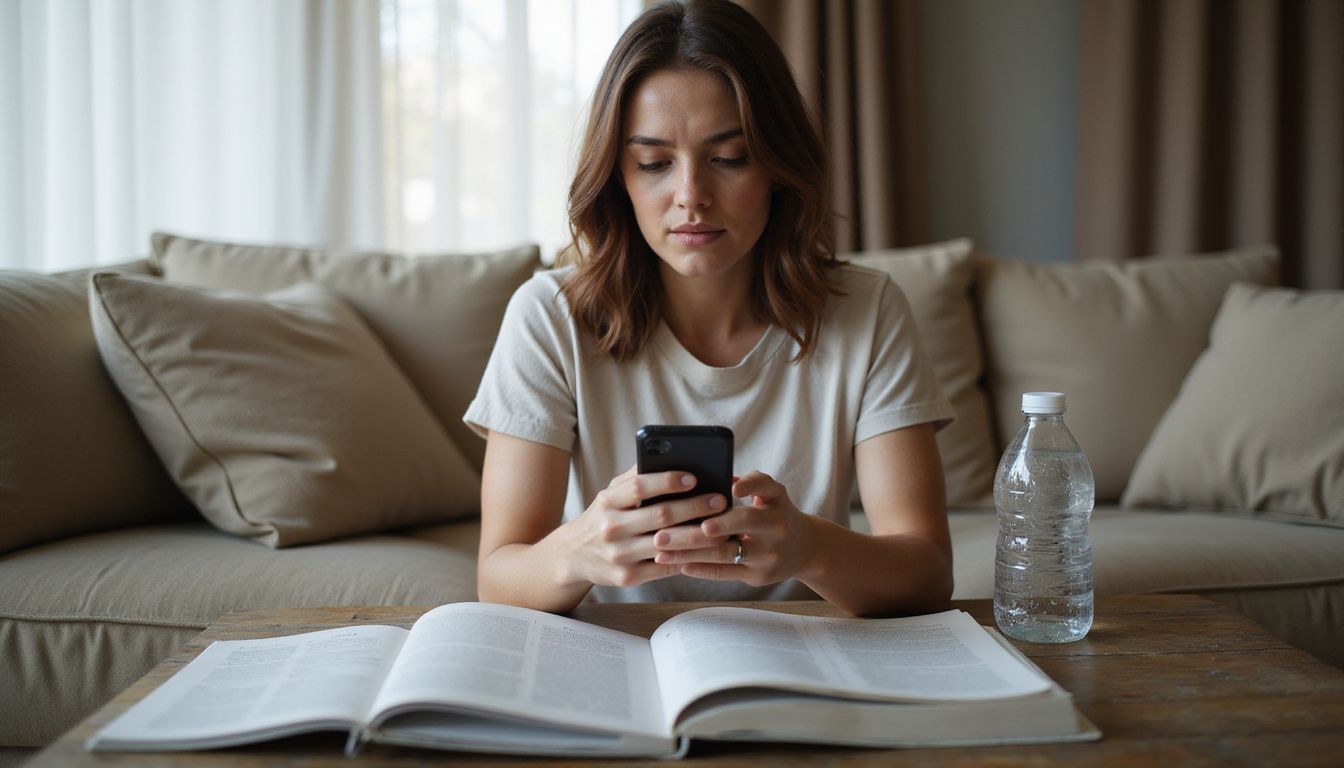 Woman reviewing a phone and fitness books while trying to understand a calculator.