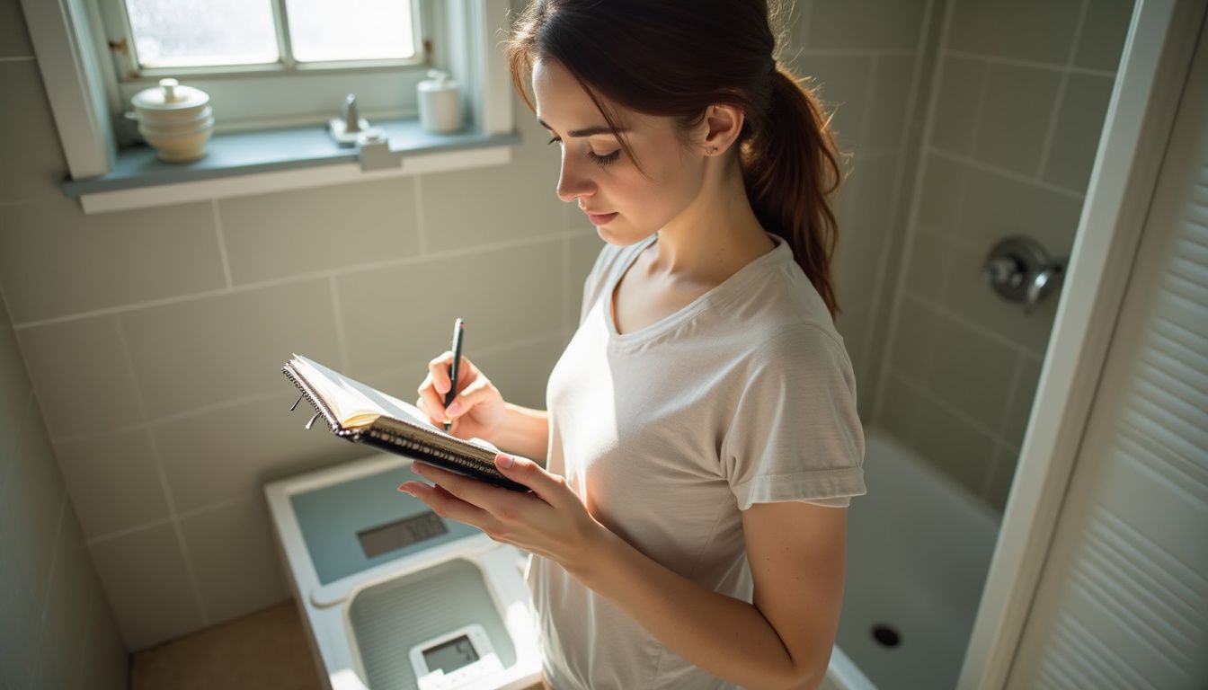 A woman writes her weight on a bathroom notepad while tracking progress.