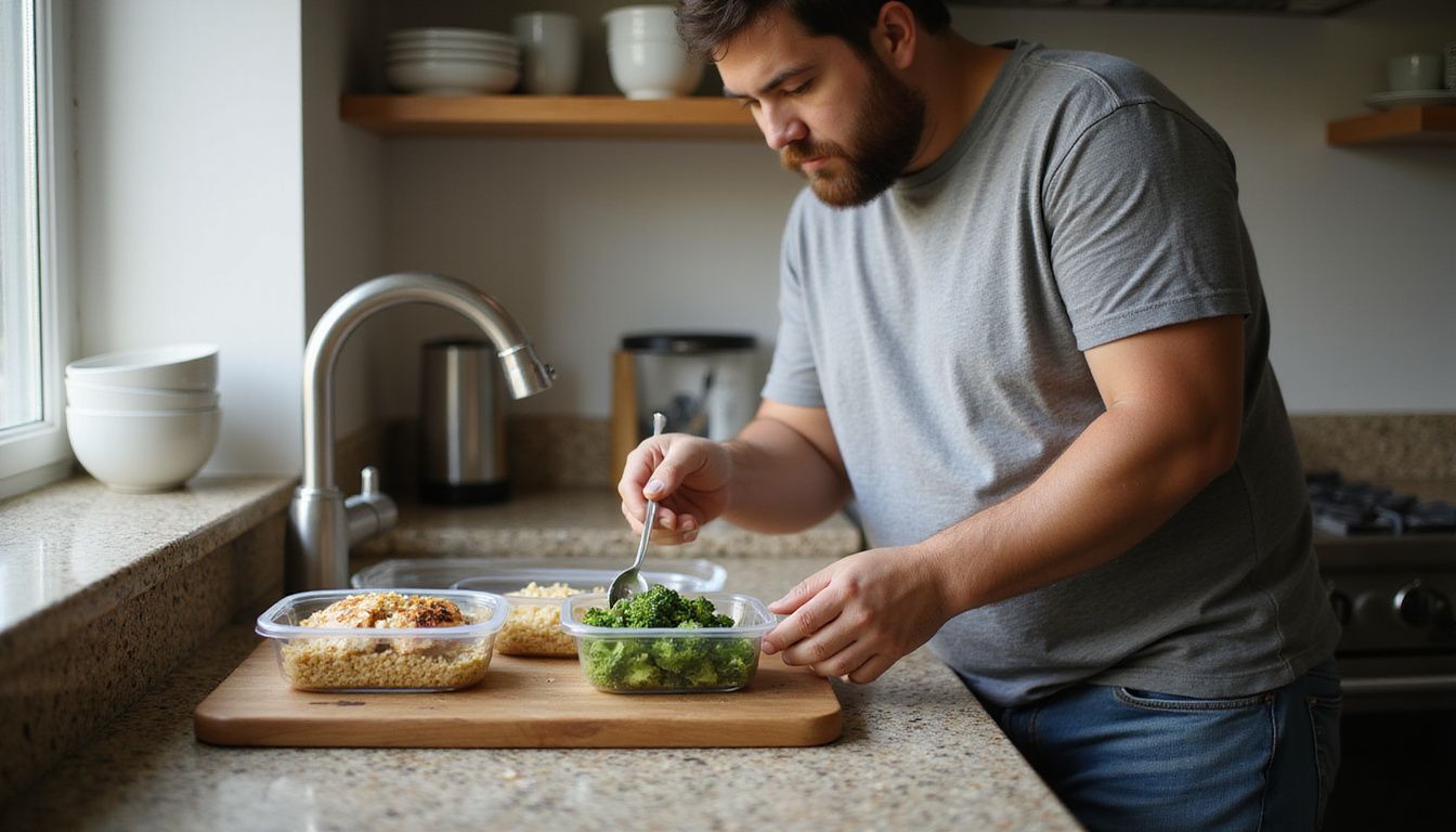 Person portioning healthy meals into storage containers for the week.