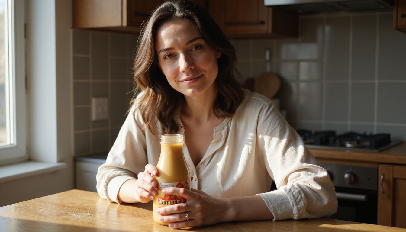 A woman enjoying a quiet morning while sipping a breakfast nutrition drink.