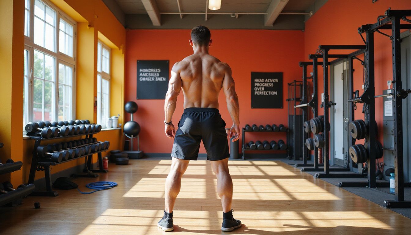 Person training in a bright gym with free weights and machines.