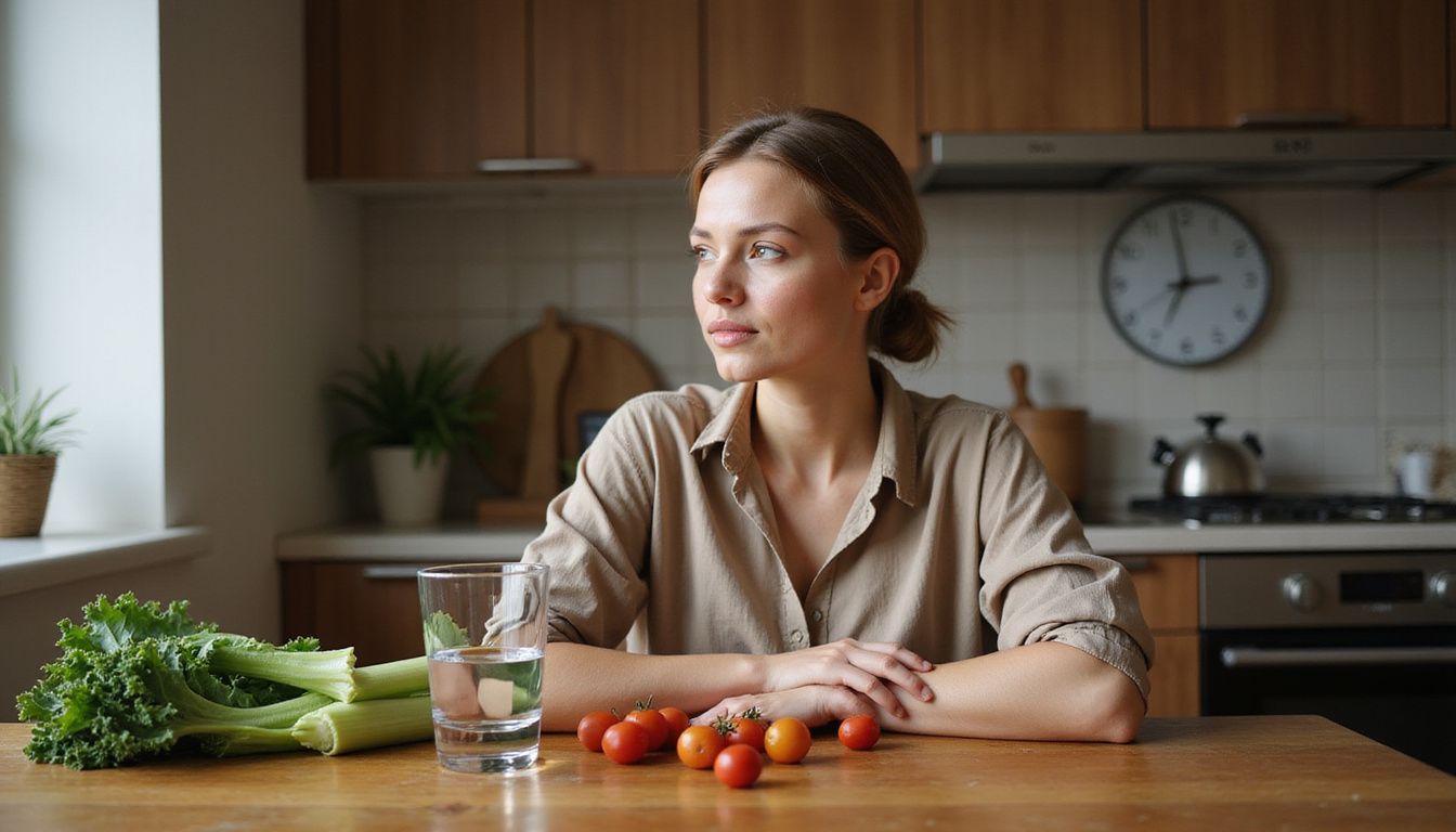 A person sits at a kitchen table planning an intermittent fasting schedule.