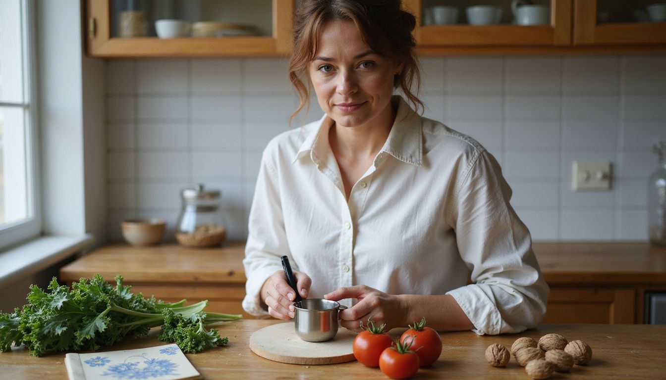 A middle-aged woman focuses on prepping ingredients for a calorie deficit meal plan.