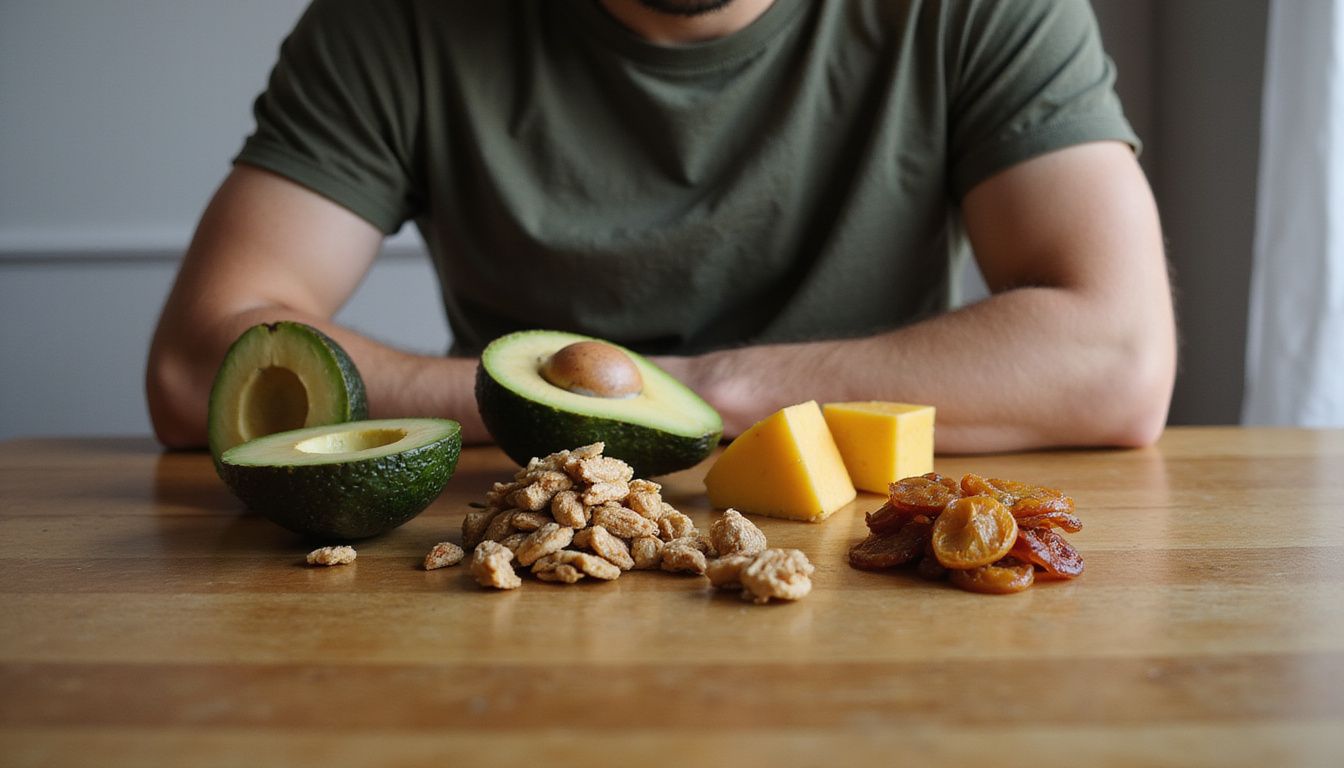 A person choosing calorie-dense foods from a table, planning for healthy weight gain.