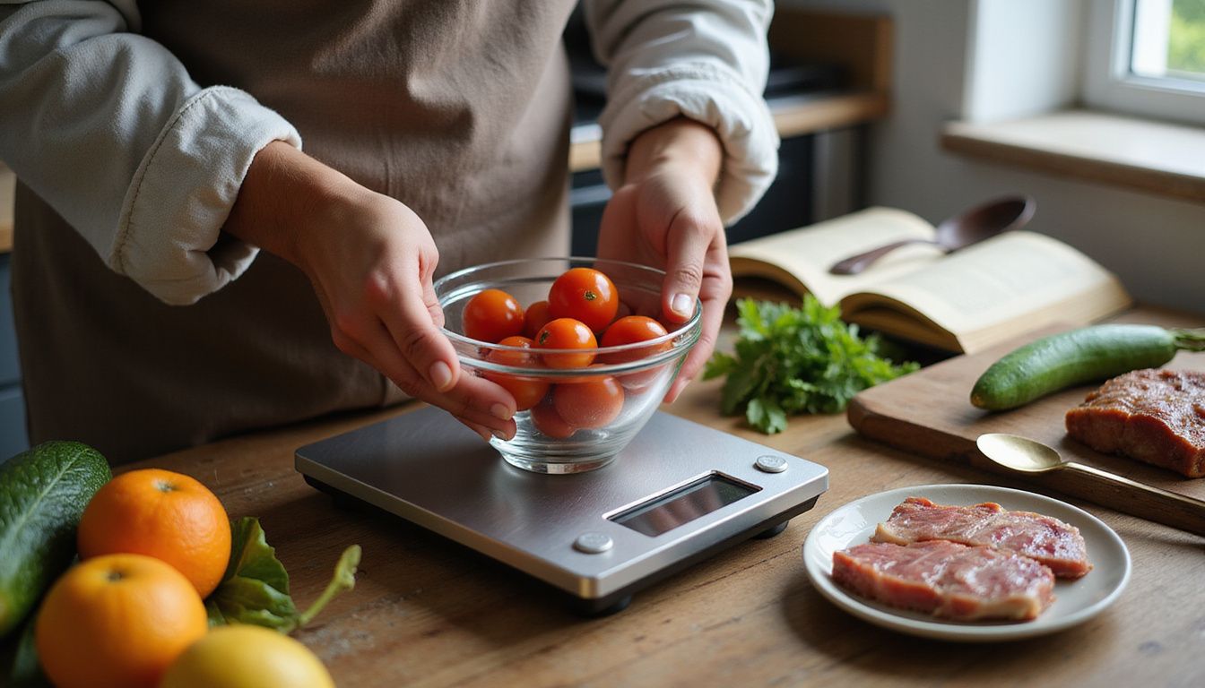Weighing cherry tomatoes on a digital kitchen scale for calorie tracking.