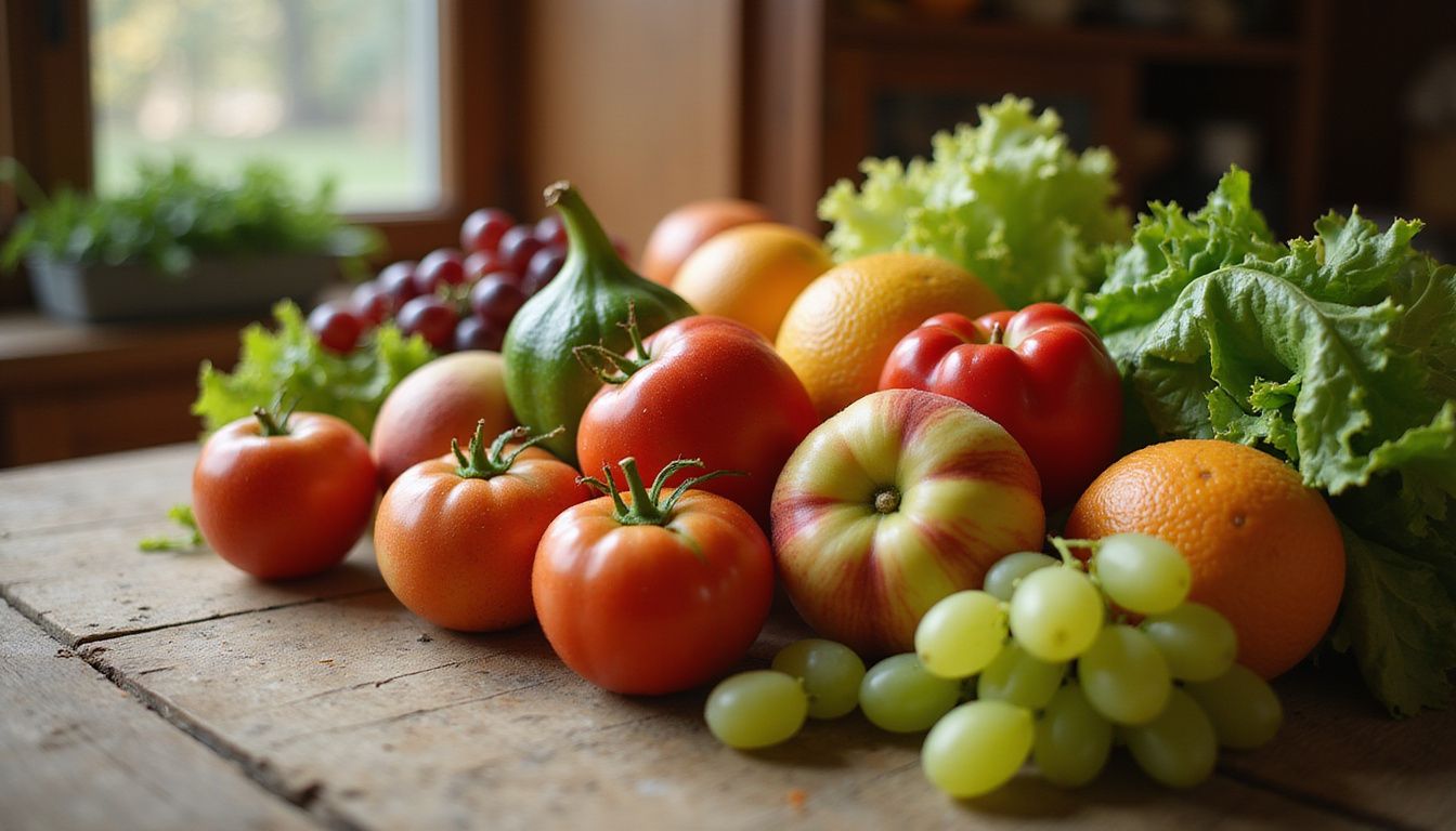 Colorful fruits and vegetables arranged on a wooden table to show variety and freshness.
