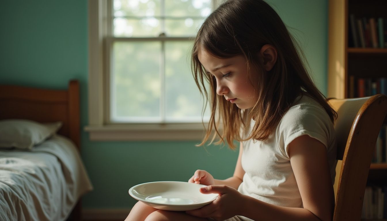 A young girl sits alone in a bedroom, looking sad and thoughtful.