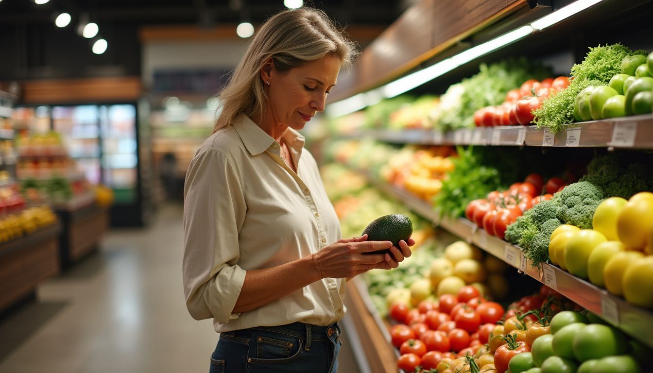 Shopper inspecting an avocado, choosing produce carefully for a renal diet.