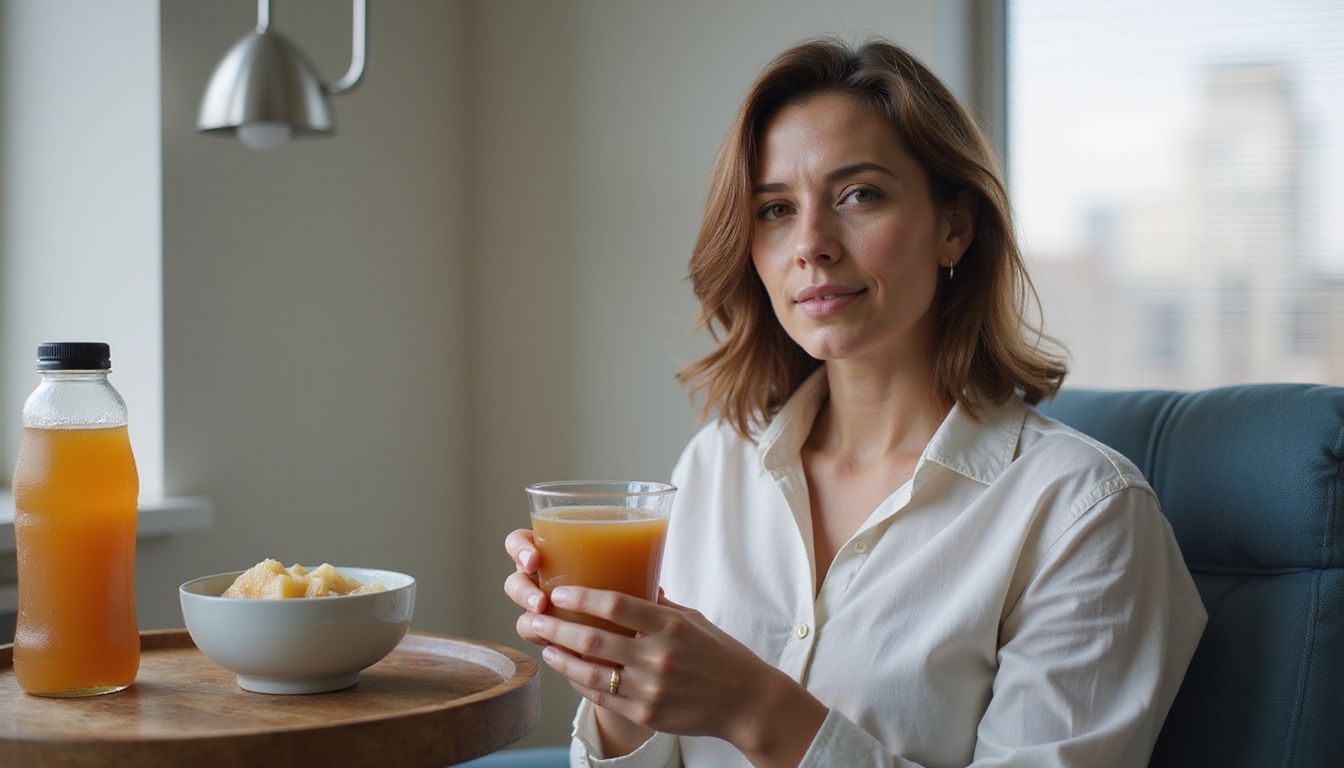 Patient sipping clear apple juice while resting in a hospital room.