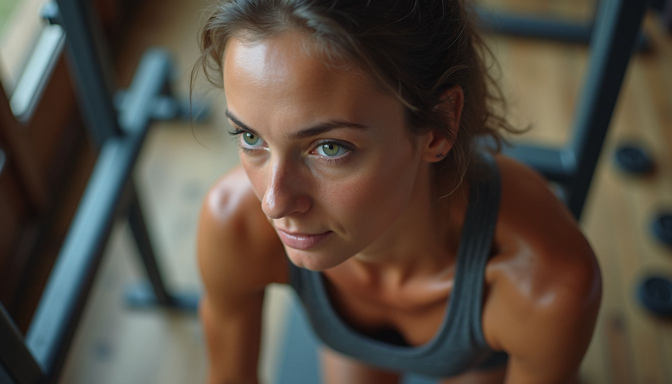A focused woman trains in a simple home gym with basic equipment.