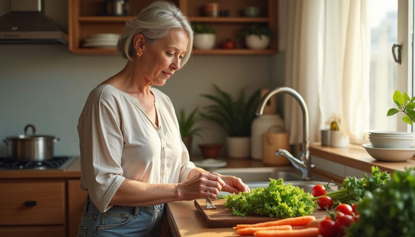 An adult preparing a colorful, balanced meal with fresh ingredients.