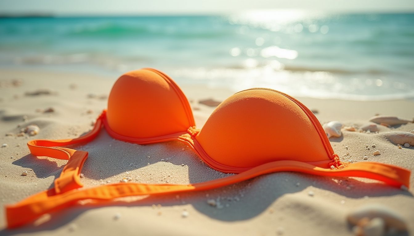 A bright orange bikini on clean beach sand, suggesting summer and confidence.