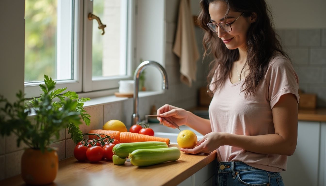 Hands washing leafy greens and citrus at a kitchen sink to prepare a detox drink.