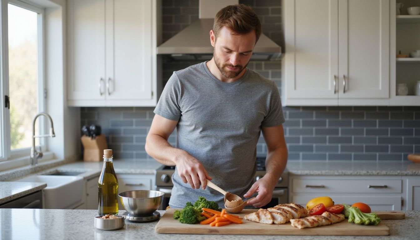 A man prepping diabetes-friendly meals with chicken, colorful vegetables, and whole grains. A man prepping diabetes-friendly meals with chicken, colorful vegetables, and whole grains.