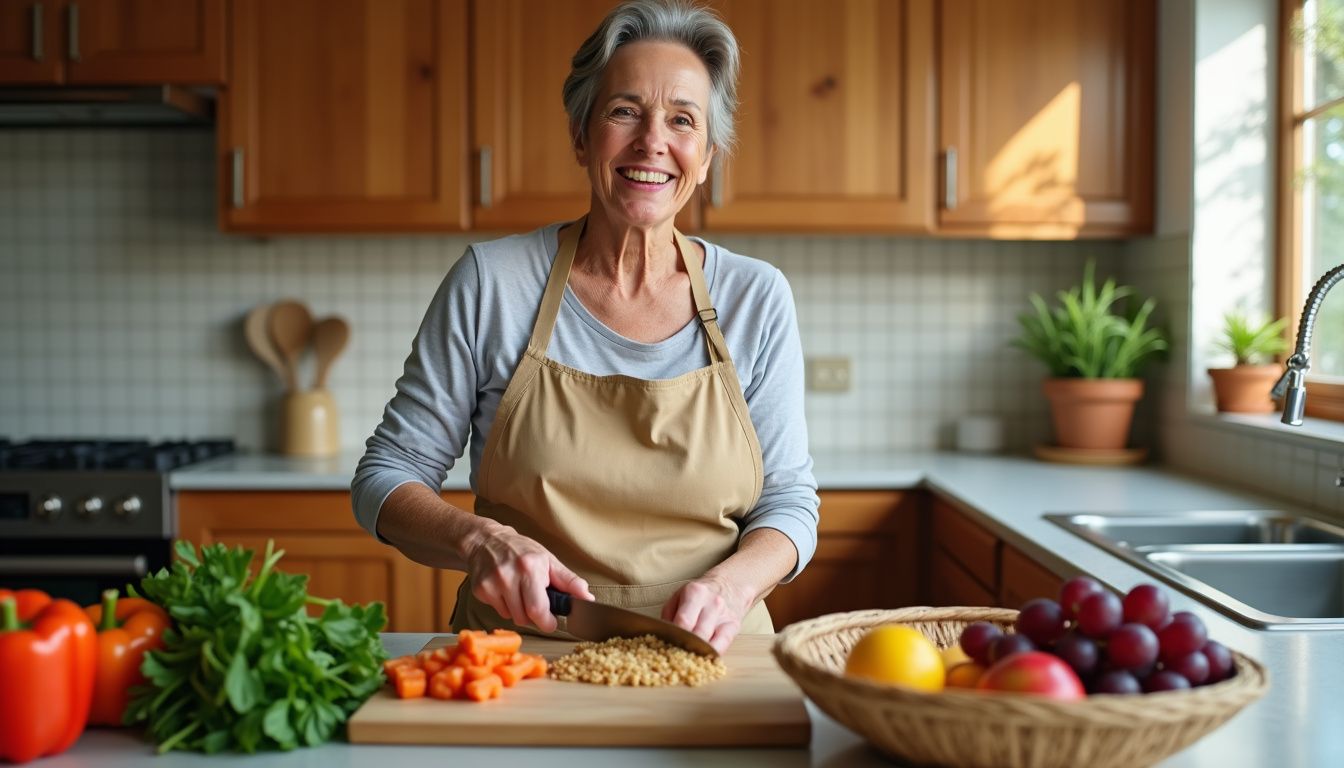 A woman chopping vegetables and preparing a balanced meal.