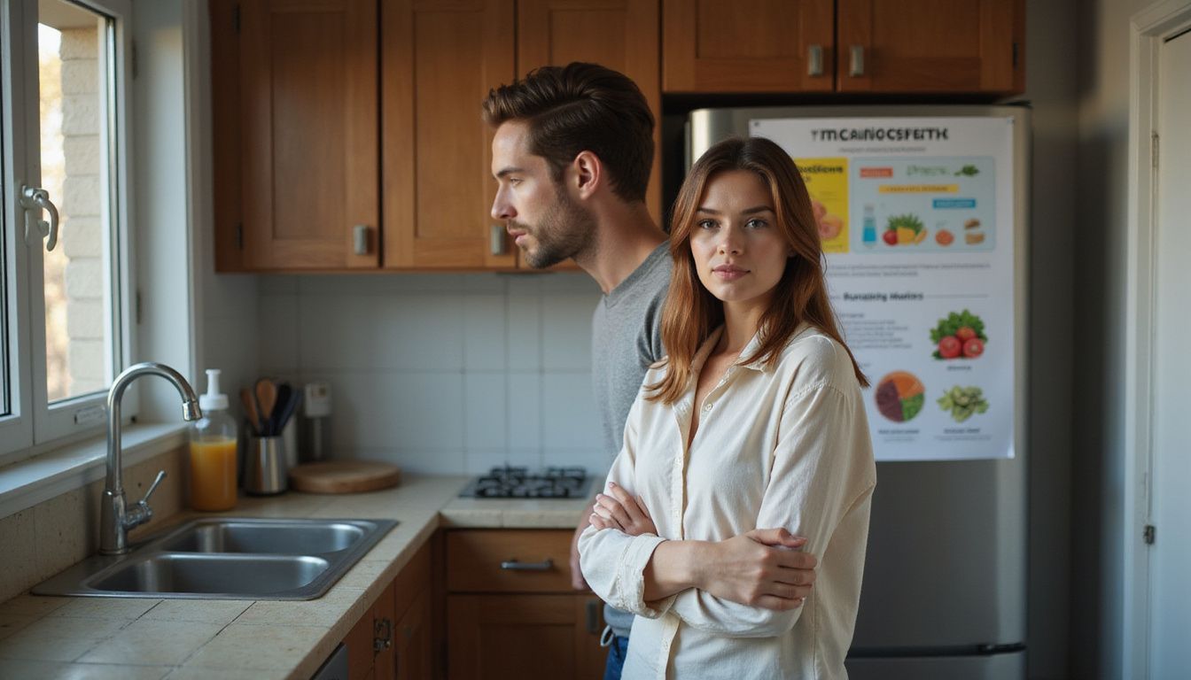 Couple reviewing a simple nutrition infographic at the kitchen table.