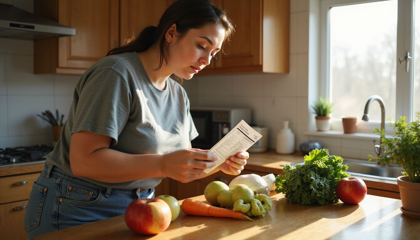 A woman reading nutrition labels beside fresh produce on a kitchen counter.