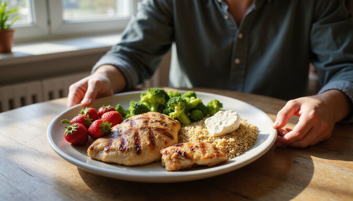 A rustic wooden table set with a colorful, balanced meal.