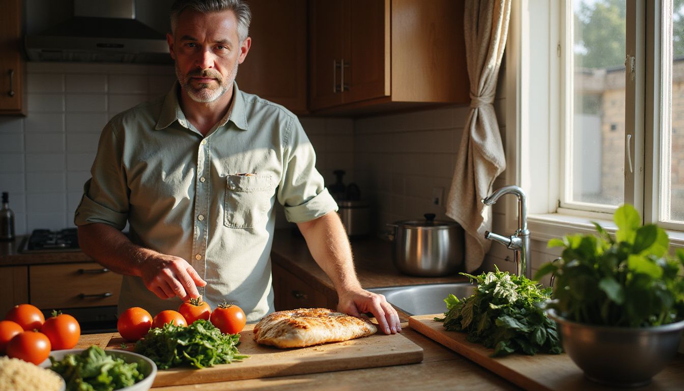 Preparing a DASH-friendly meal in a home kitchen with fresh produce on the counter.