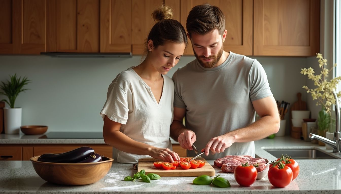Two people prepare a Mediterranean-style meal that supports hair growth.