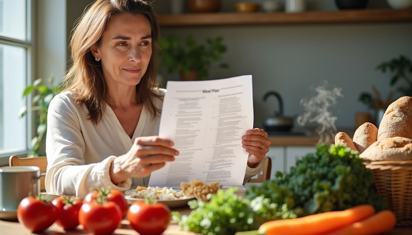 A patient reviews a kidney-friendly meal plan with fresh produce and a notebook.
