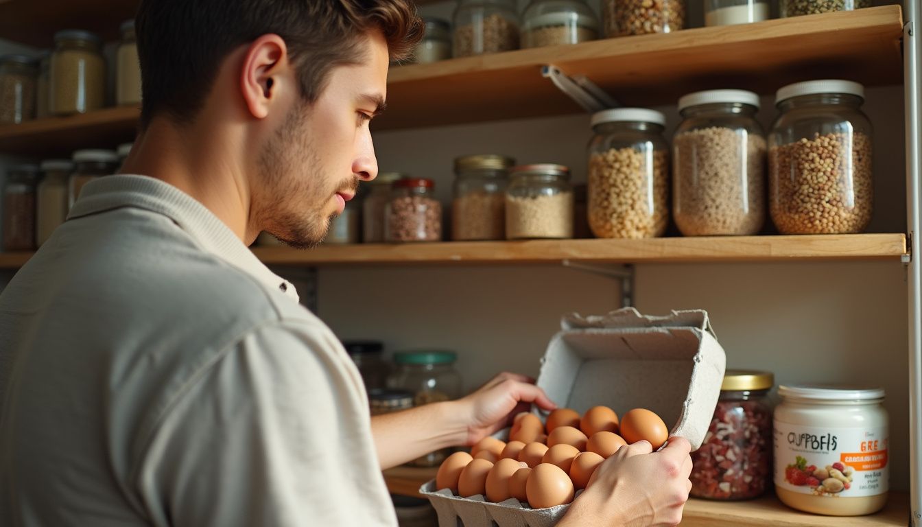 Organized pantry with protein rich foods and grains.