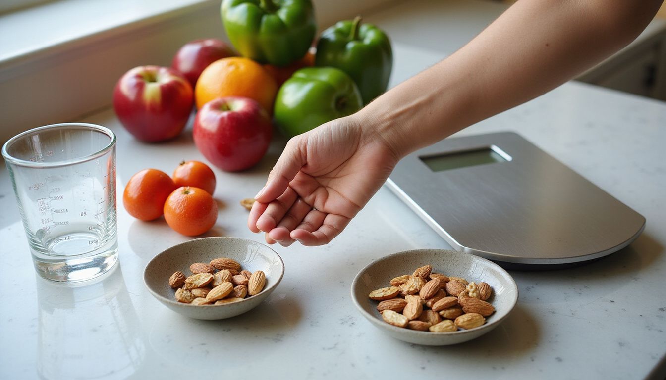 Kitchen counter organized with bowls of fruit, vegetables, grains, and healthy snacks.
