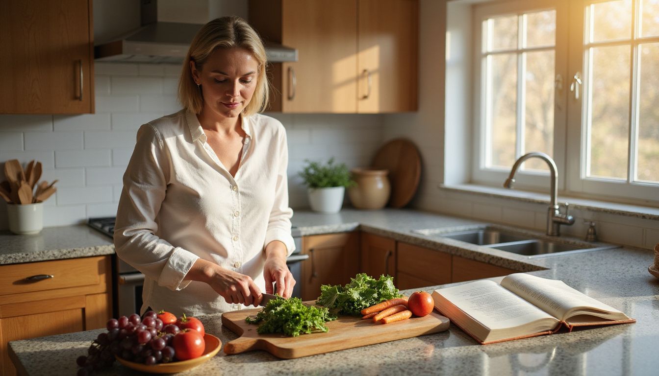 Woman chopping colorful vegetables on a kitchen counter.