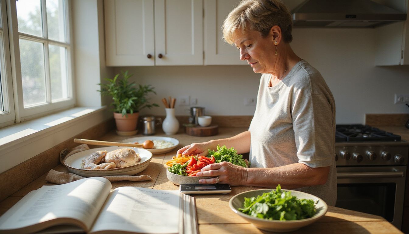 A woman carefully prepares healthy ingredients in a well-organized kitchen.
