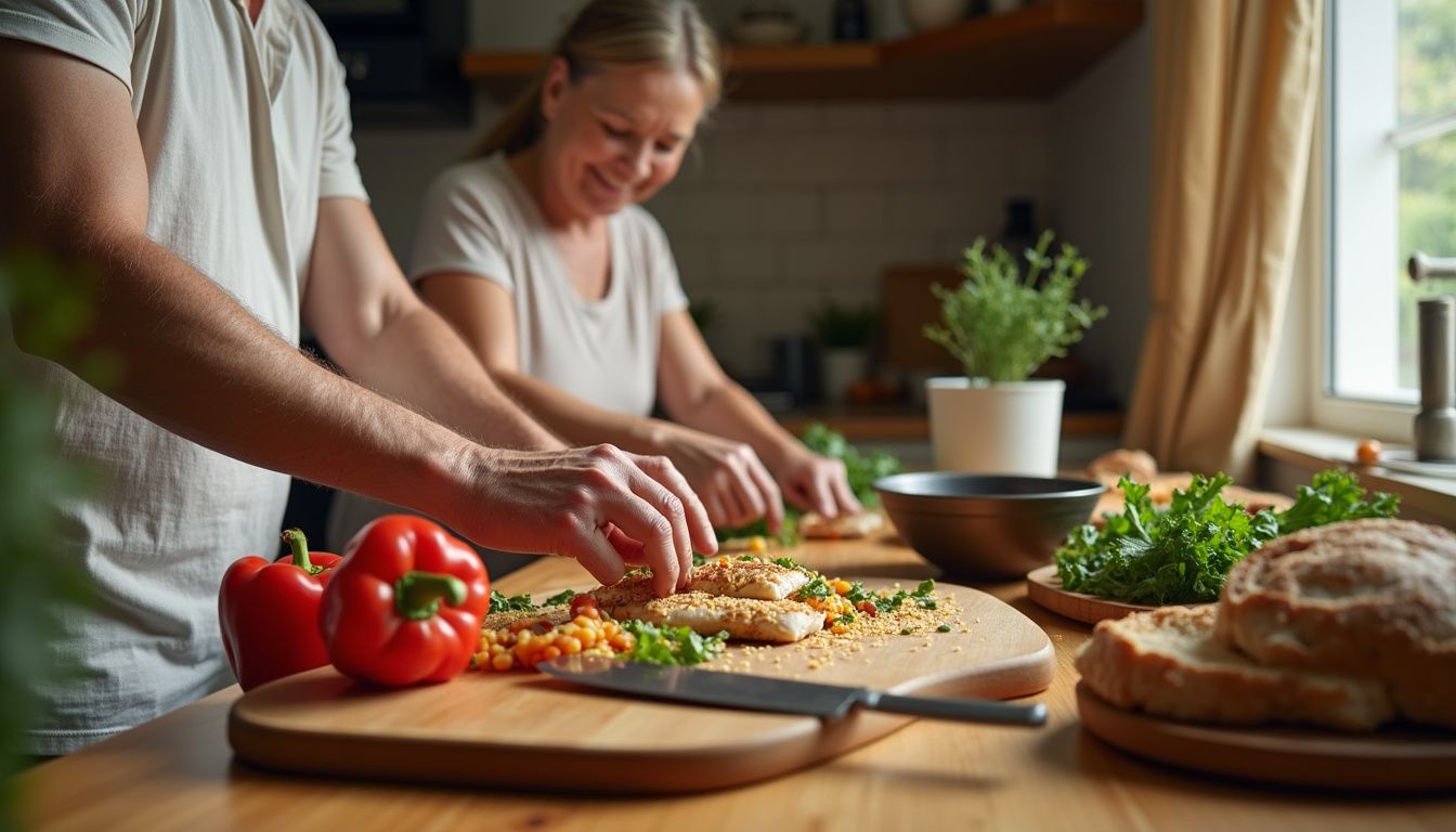 Two people preparing a balanced dinner with vegetables and lean protein in a home kitchen.