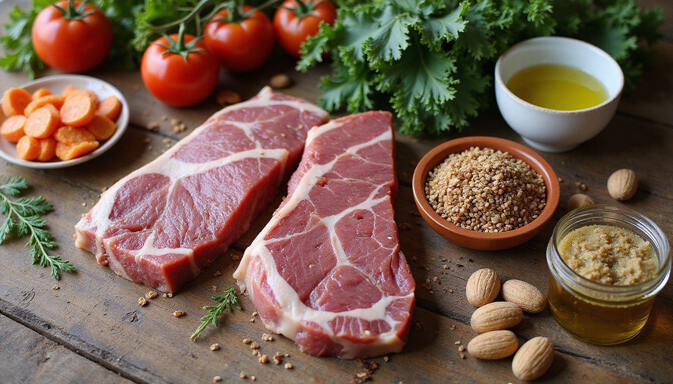 Fresh proteins, grains, and produce arranged on a wooden table for muscle-building meal prep.