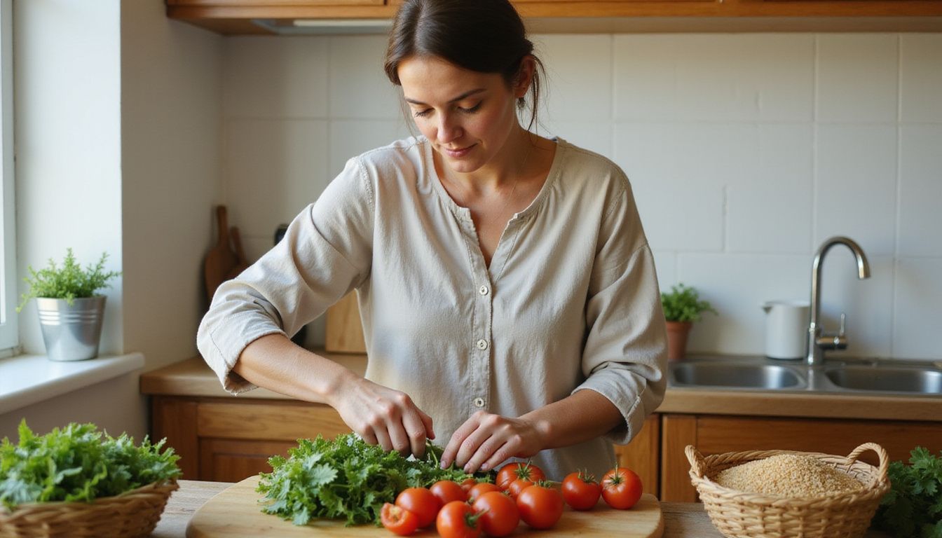 A woman in a cozy kitchen preparing a simple, healthy meal.