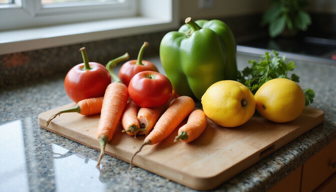 Fresh fruits and vegetables arranged for a healthy meal plan.