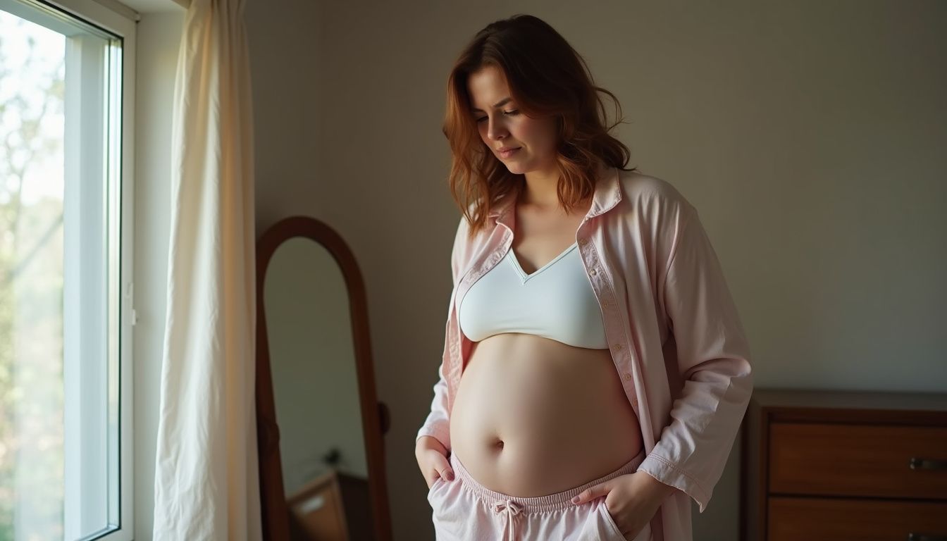 A woman looking at her waistline in a mirror, considering health changes.
