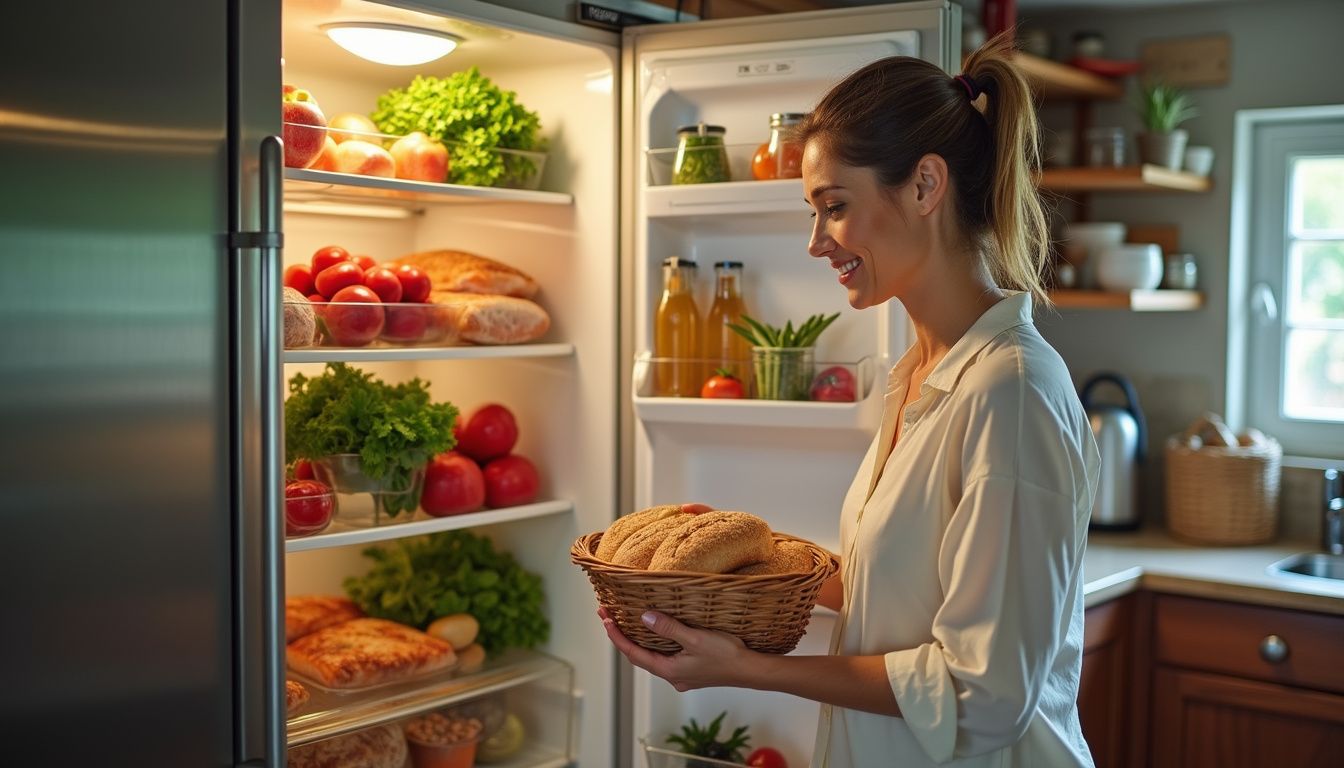 A woman checks fresh produce inside a retro refrigerator at home.