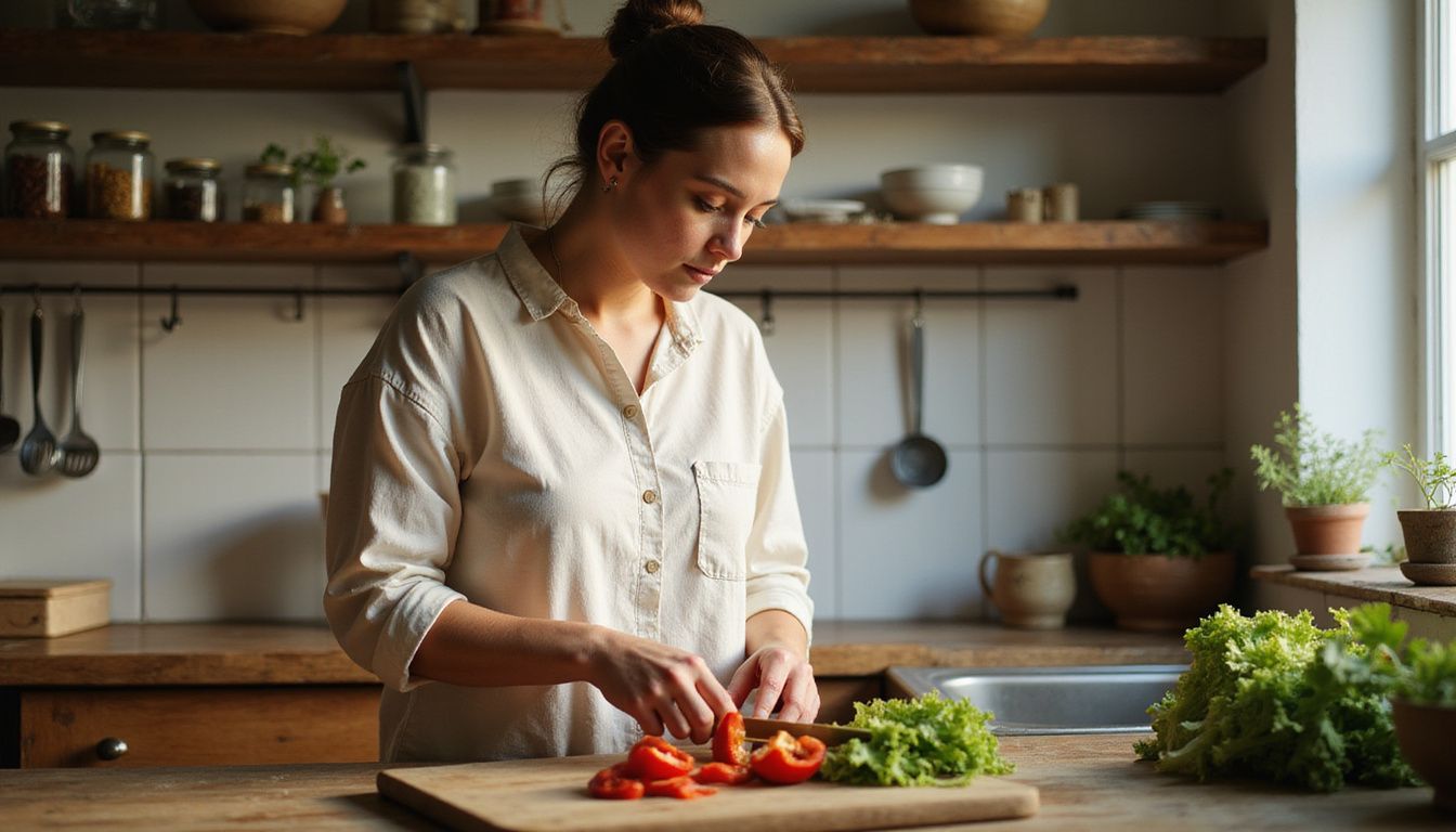 Woman preparing vegetables on a cutting board in a bright kitchen.