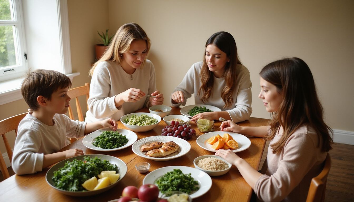 A family sharing a colorful, balanced meal at a wooden dining table.