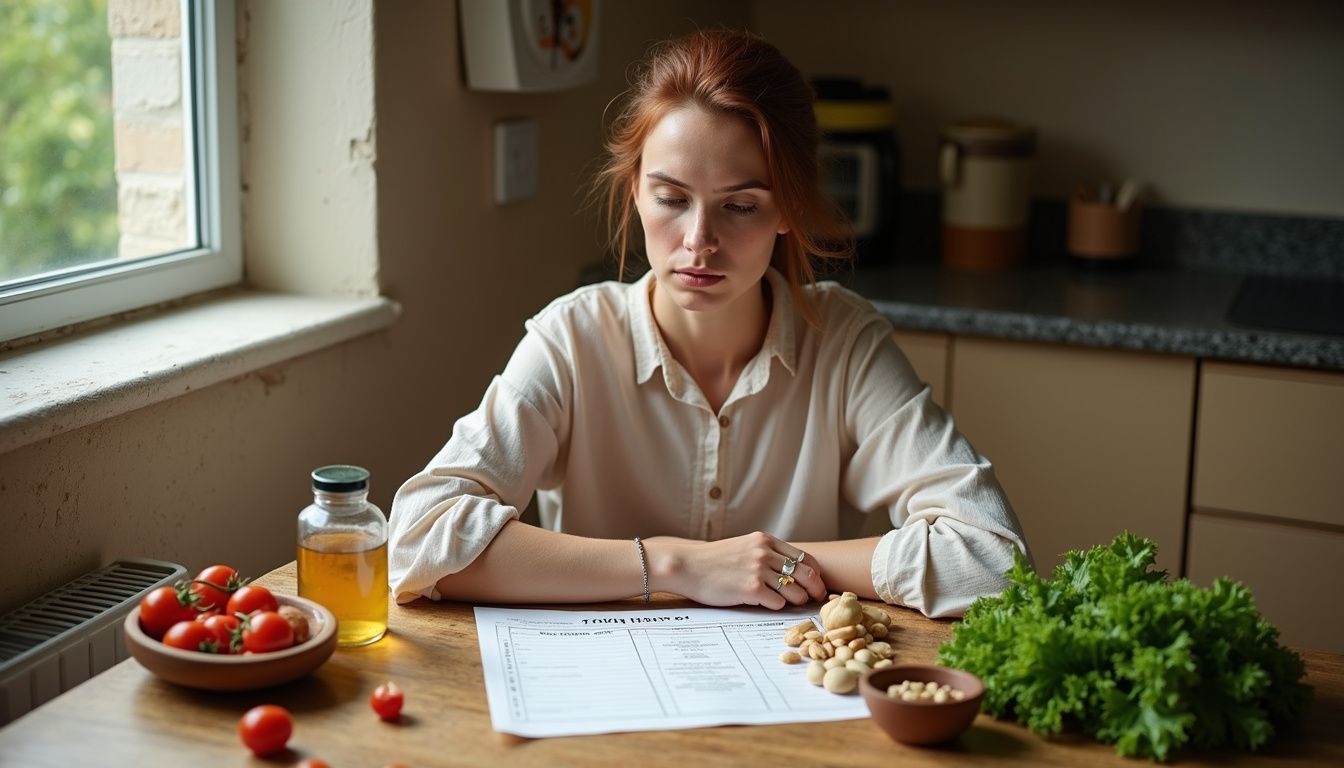 Person reviewing a simple weekly meal plan at a wooden table.