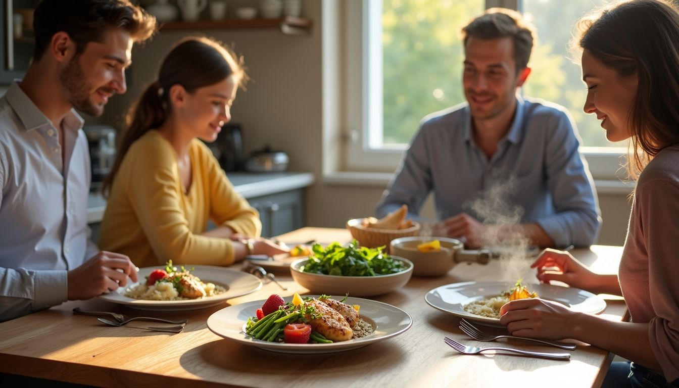 A family shares a colorful home-cooked meal around a wooden table.