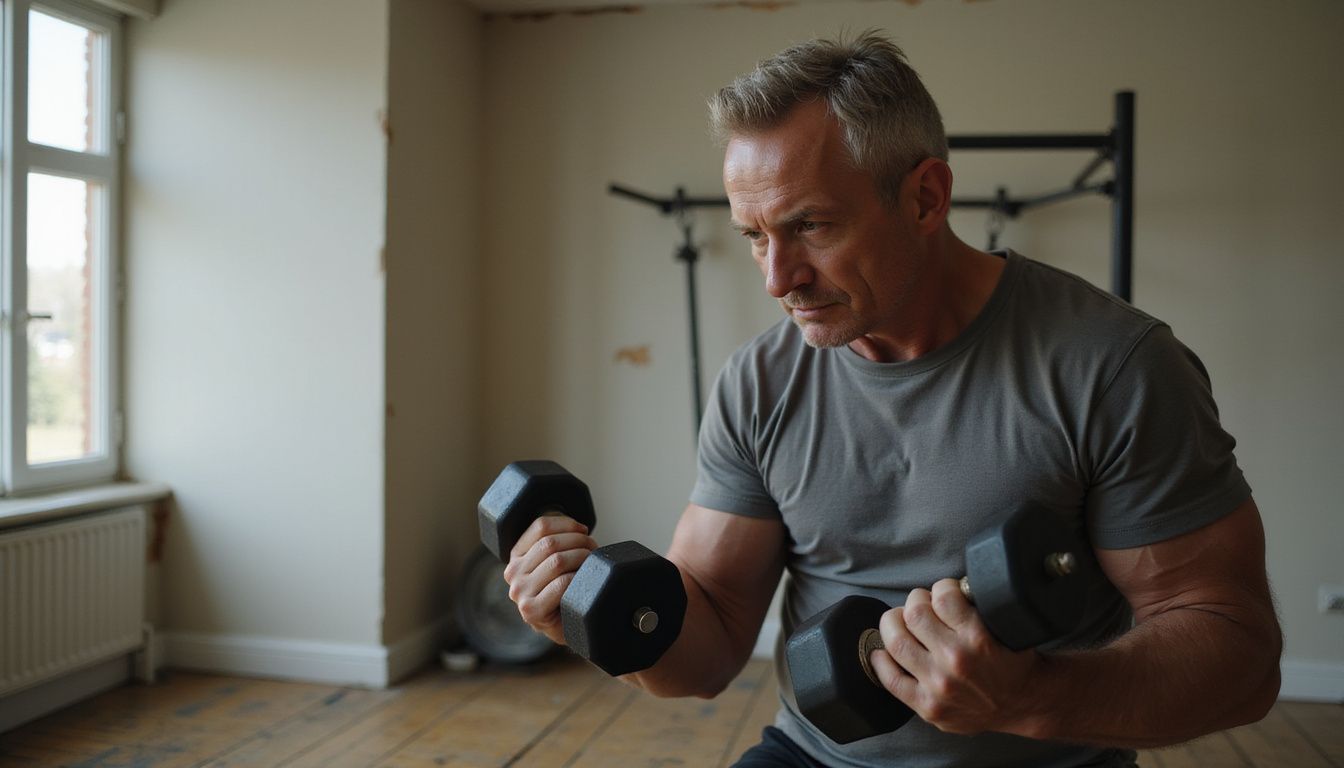 A focused person lifting dumbbells in a simple home gym.
