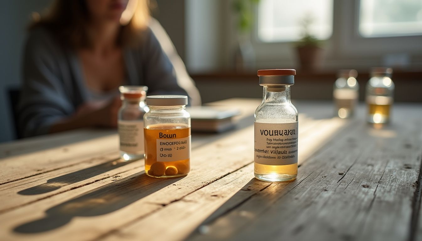 Semaglutide and tirzepatide medications on a wooden surface, shown as part of a weight plan.