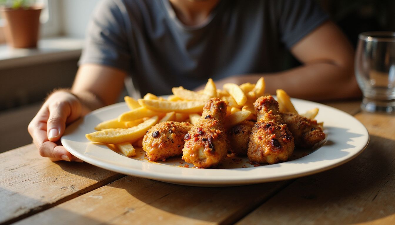 Comfort foods displayed on a rustic table, highlighting common calorie sources.