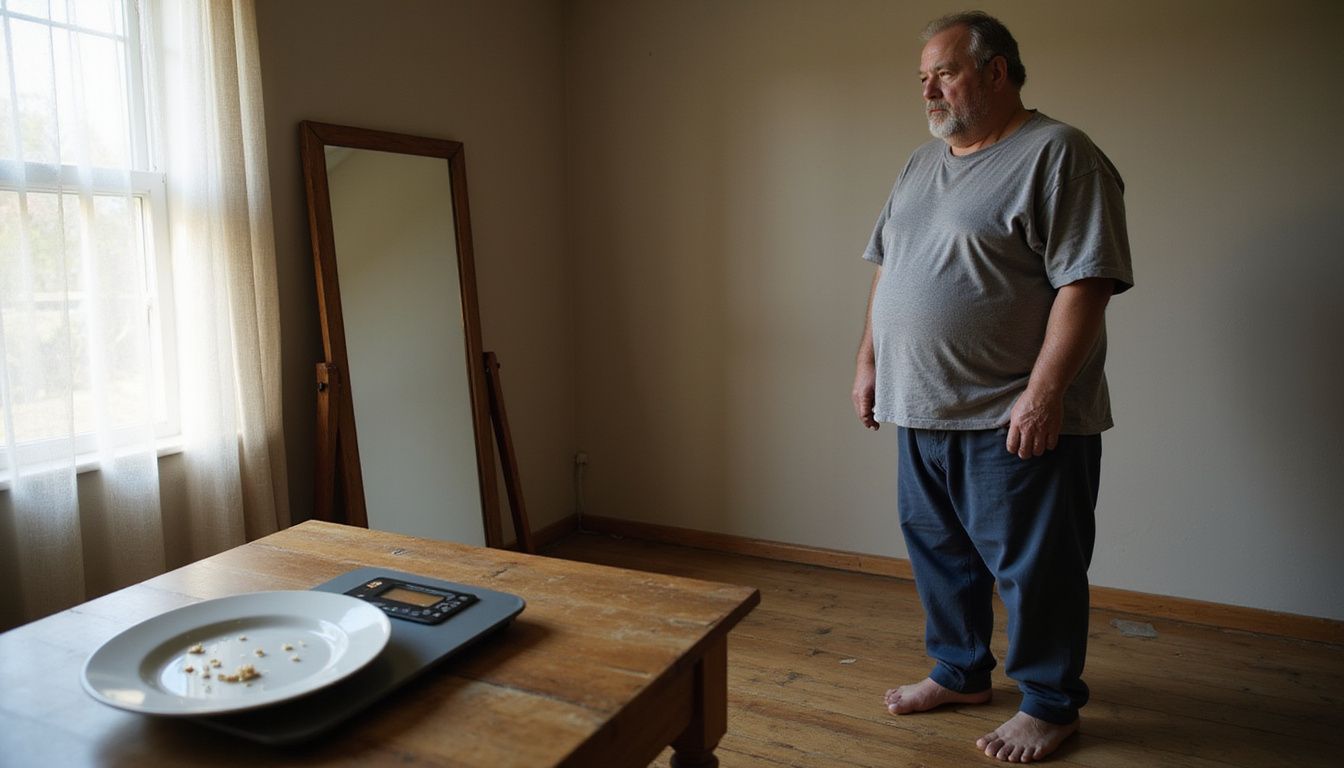 Man looking in a mirror, noticing fast changes in his body.