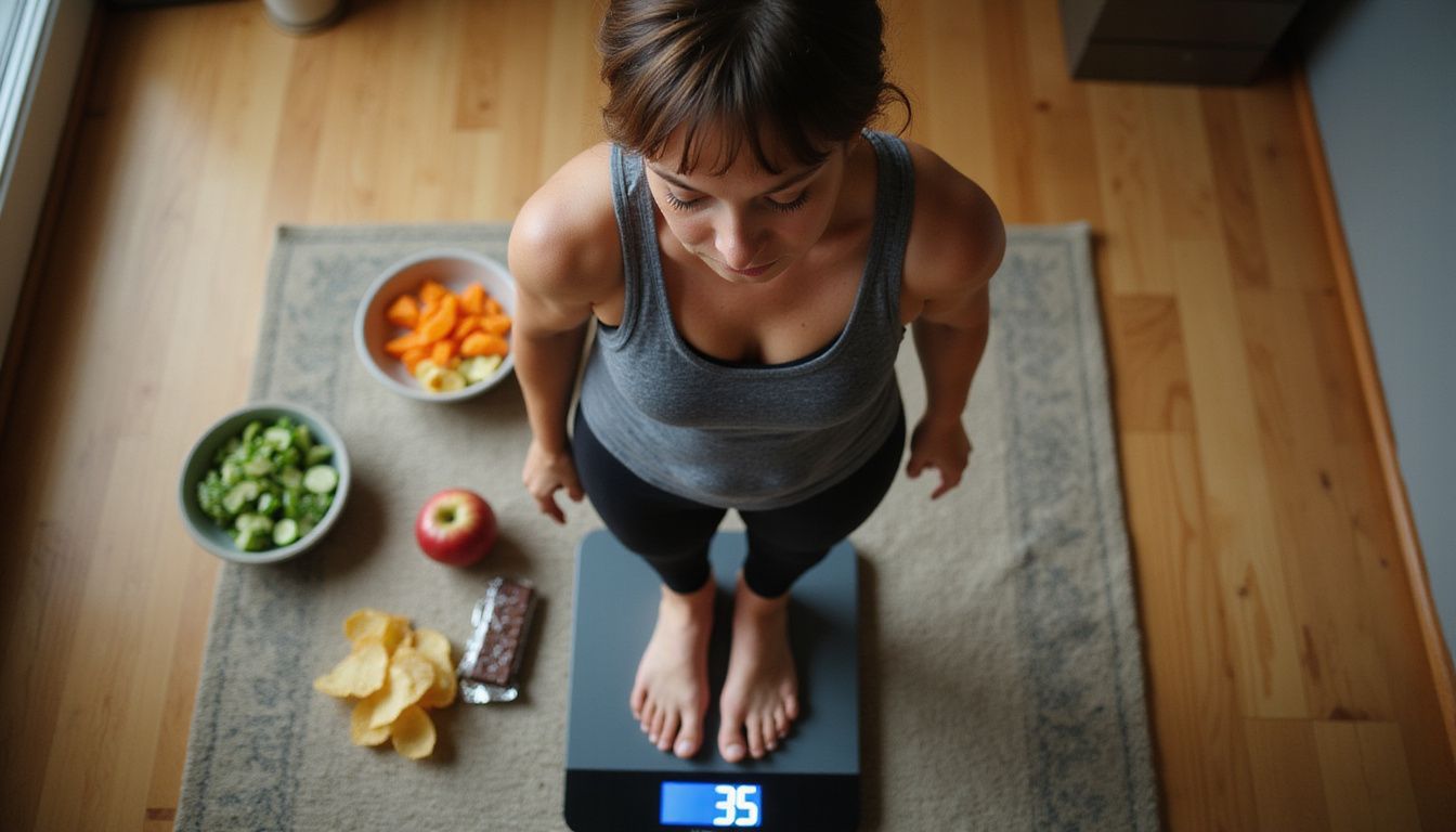 Woman weighing options between healthy and indulgent foods.