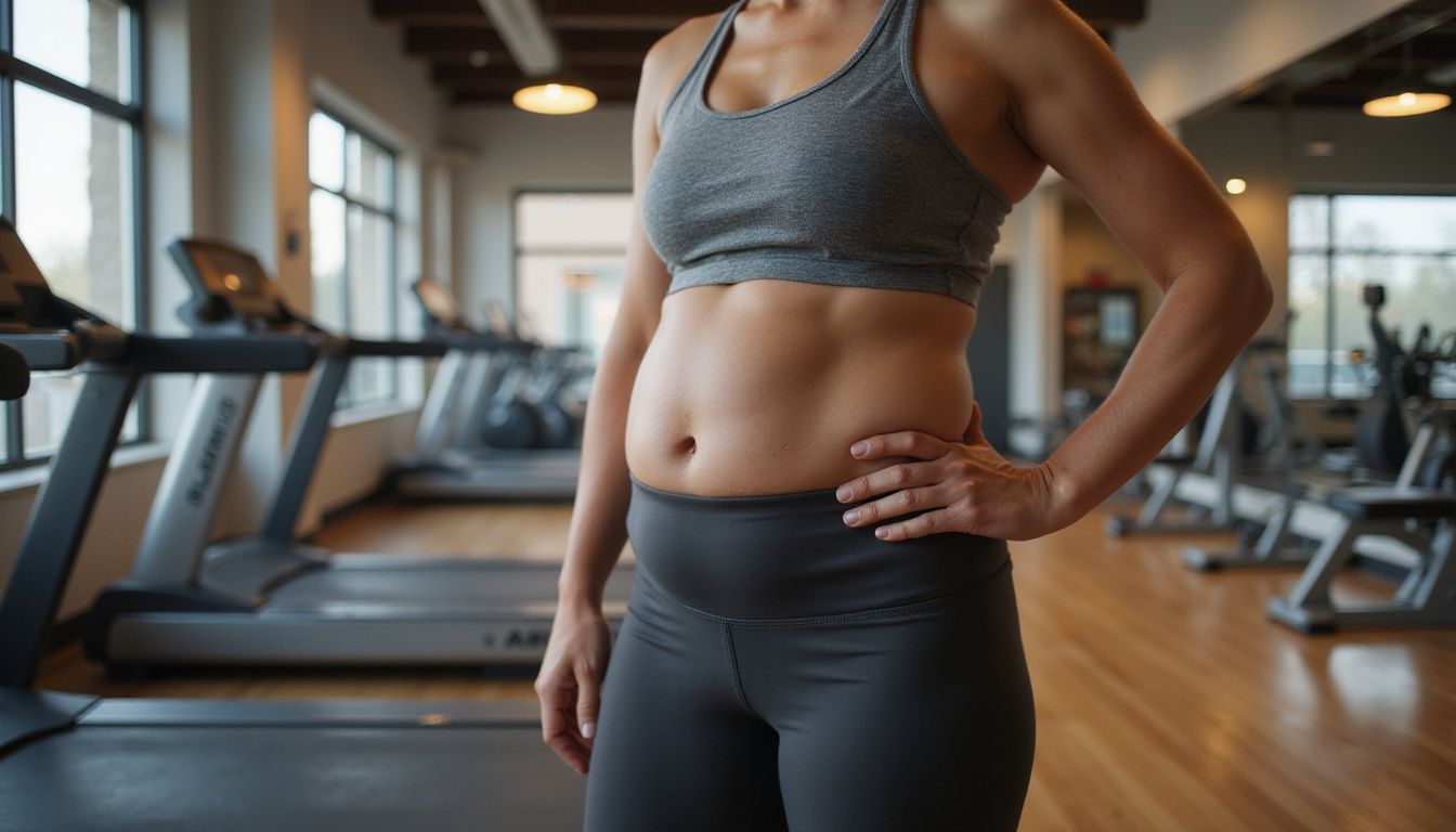 A confident woman in a gym, showing a healthy figure and posture.