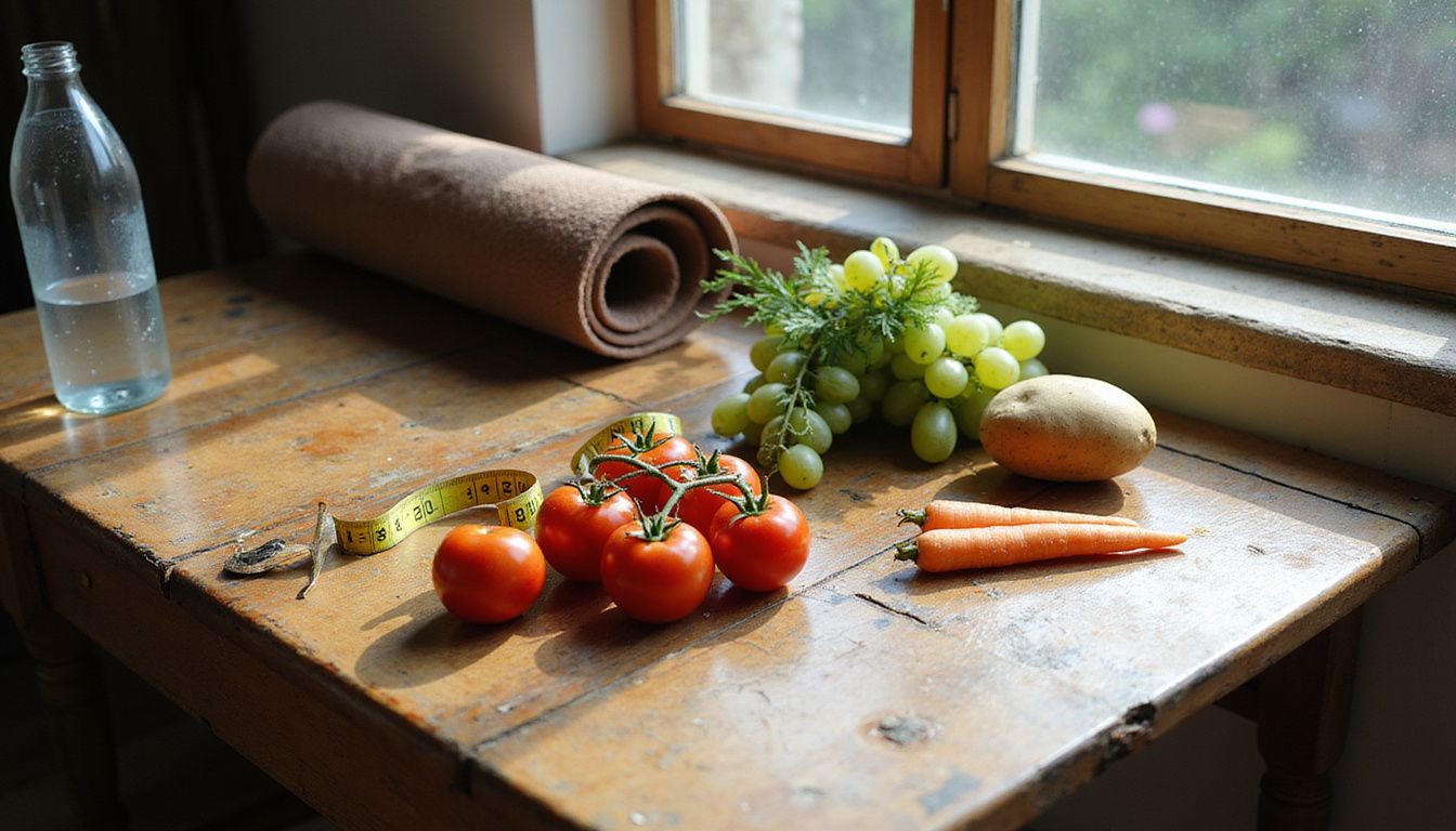 A rustic kitchen table with fresh produce, measuring spoons, and a rolled yoga mat.